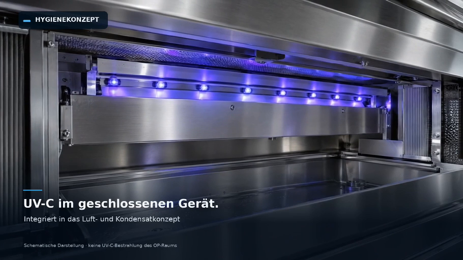 UV-C-Visualisierung aus dem eigenen Produktfilm: Einheit im geschlossenen Edelstahl-Geräteinneren